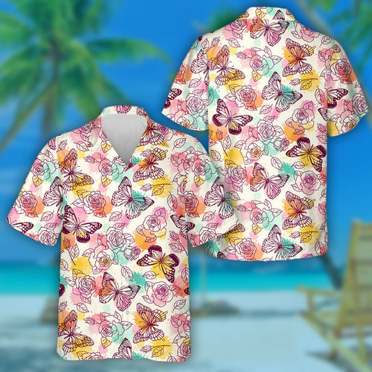Colorful Butterfly With Daisies And Roses Hawaiian Shirt, Hawaiian For Gift