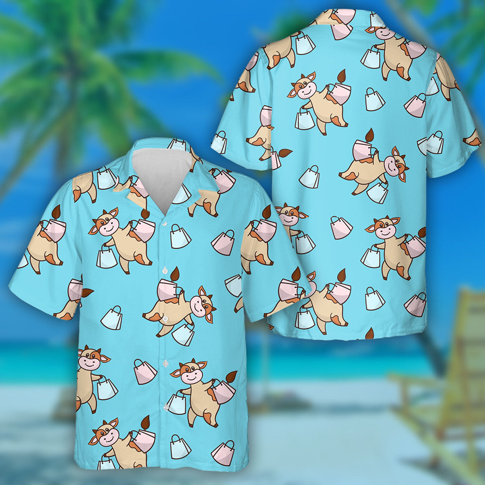 Cute Cartoon Cow On A Shopping Trip Hawaiian Shirt, Hawaiian Shirt Gift, Christmas Gift