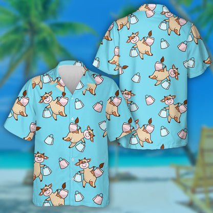 Cute Cartoon Cow On A Shopping Trip Hawaiian Shirt, Hawaiian Shirt Gift, Christmas Gift