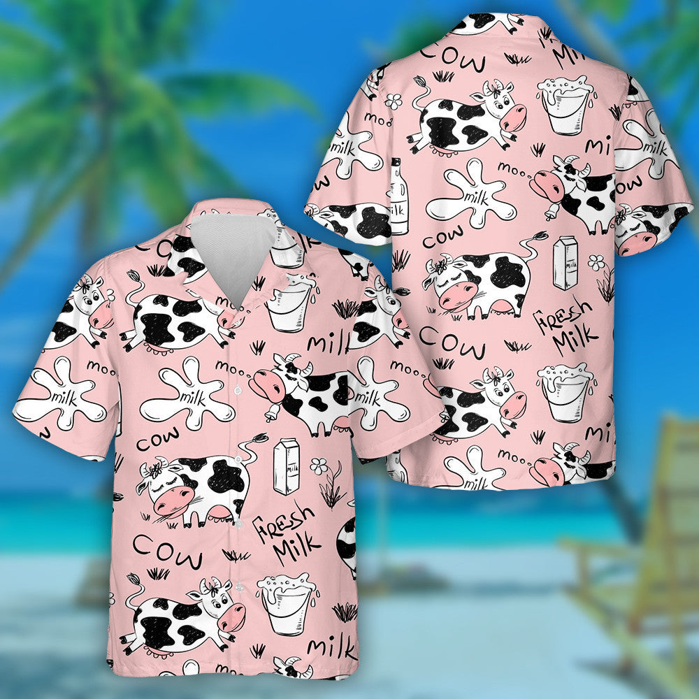 Funny Cows And Milk Product On Pink Hawaiian Shirt, Hawaiian Shirt Gift, Christmas Gift