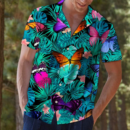 Colorful Butterflies Tropical Jungle Design Hawaiian Shirt, Hawaiian For Gift