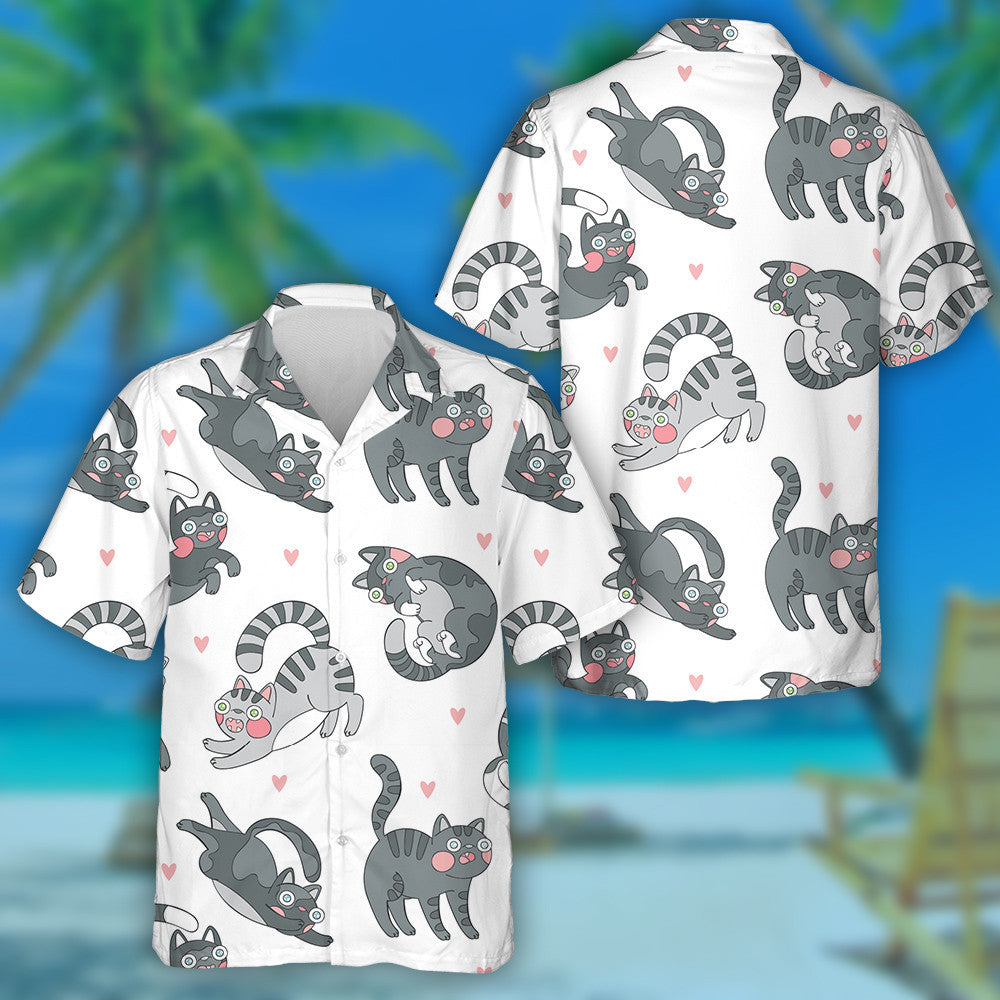 Cartoon Animal Funny Crazy Cat And Hearts Hawaiian Shirt, Hawaiian Shirt Gift, Christmas Gift