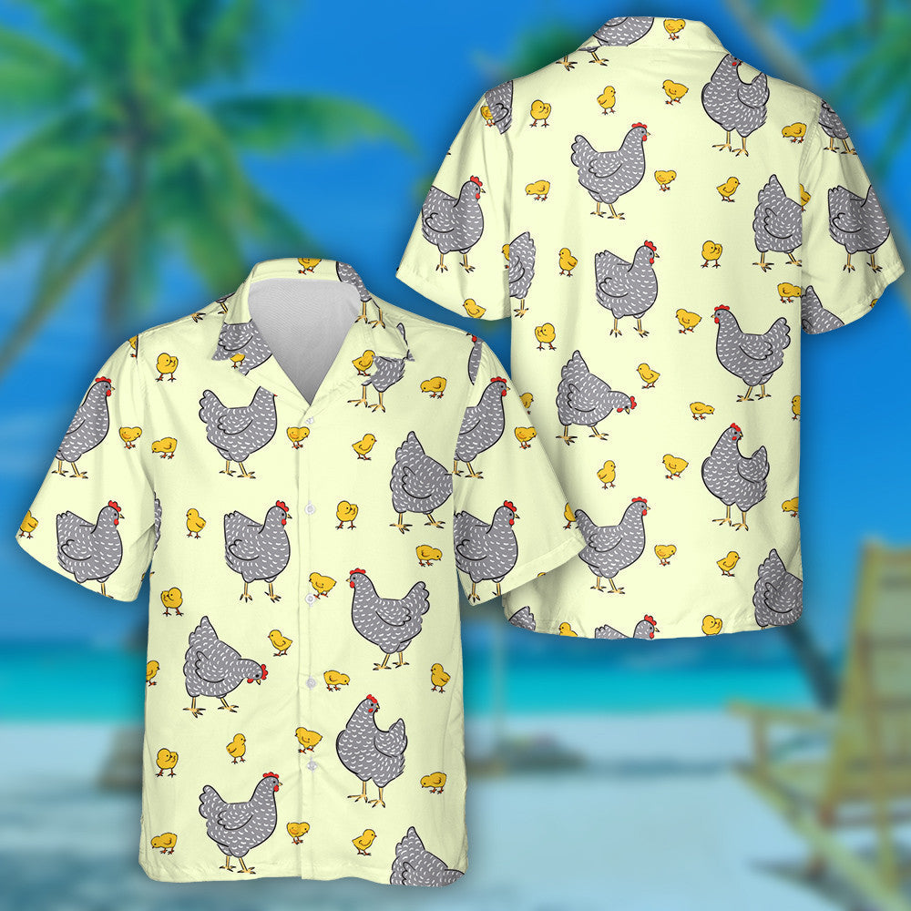 Beautiful Hen And Chicken On Yellow Background Hawaiian Shirt, Hawaiian Shirt Gift, Christmas Gift