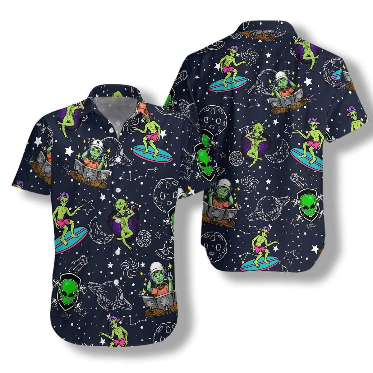 Cute Aliens Night Sky Pattern Hawaiian Shirt,Hawaiian Shirt Gift, Christmas Gift