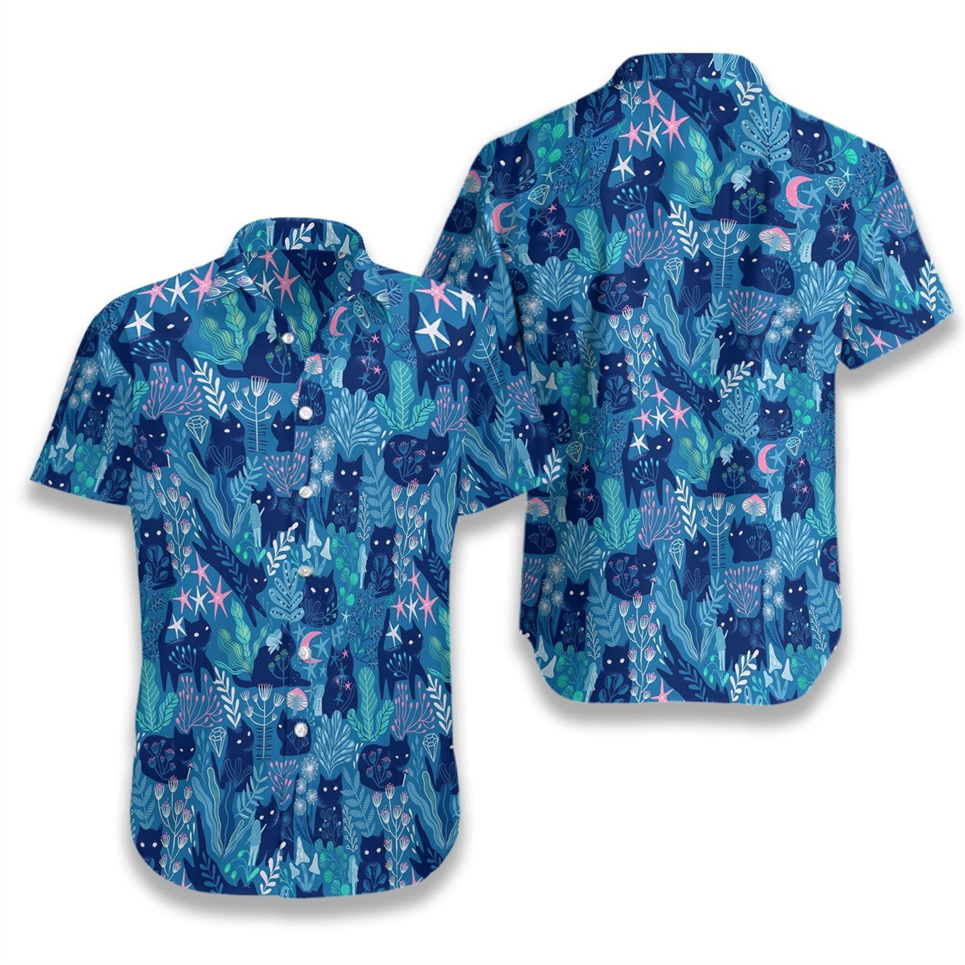 Meowgical And Blue Floral Pattern Hawaiian Shirt, Hawaiian Shirt Gift, Christmas Gift