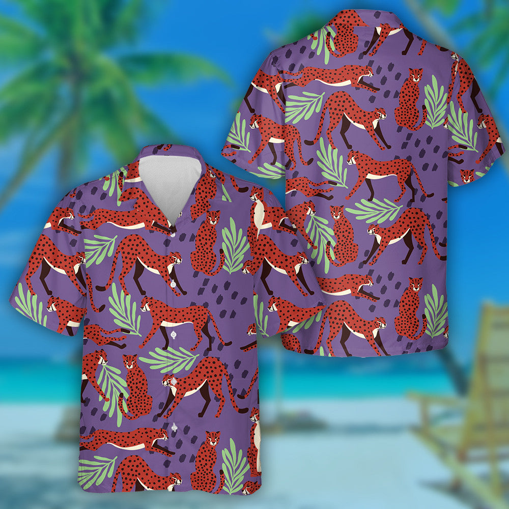Modern Cartoon Leopard Elements On Purple Background Hawaiian Shirt, Hawaiian Shirt Gift, Christmas Gift