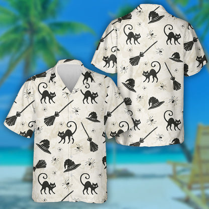 Halloween With Cats Brooms And Witch Hats Hawaiian Shirt, Hawaiian Shirt Gift, Christmas Gift