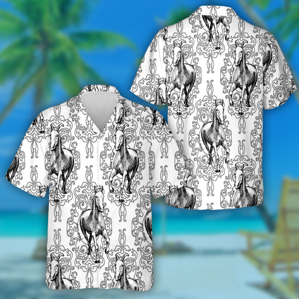 Retro Background Horse Club Black And White Hawaiian Shirt, Hawaiian Shirt Gift, Christmas Gift