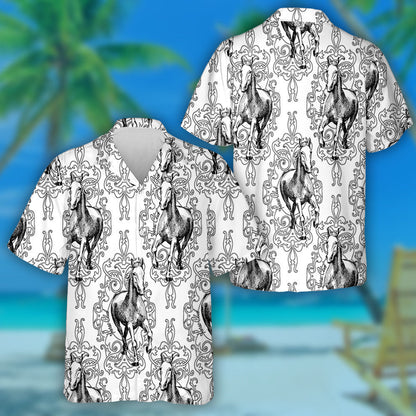 Retro Background Horse Club Black And White Hawaiian Shirt, Hawaiian Shirt Gift, Christmas Gift