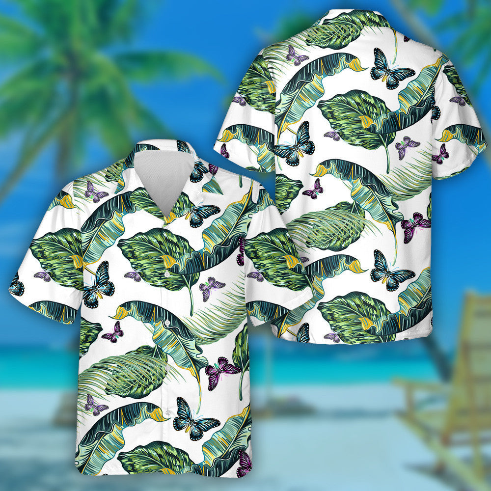 Theme Tropical Leaves And Butterflies Flying Hawaiian Shirt,Hawaiian Shirt Gift, Christmas Gift