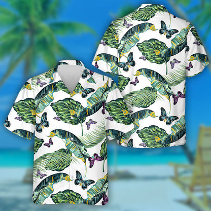 Theme Tropical Leaves And Butterflies Flying Hawaiian Shirt,Hawaiian Shirt Gift, Christmas Gift