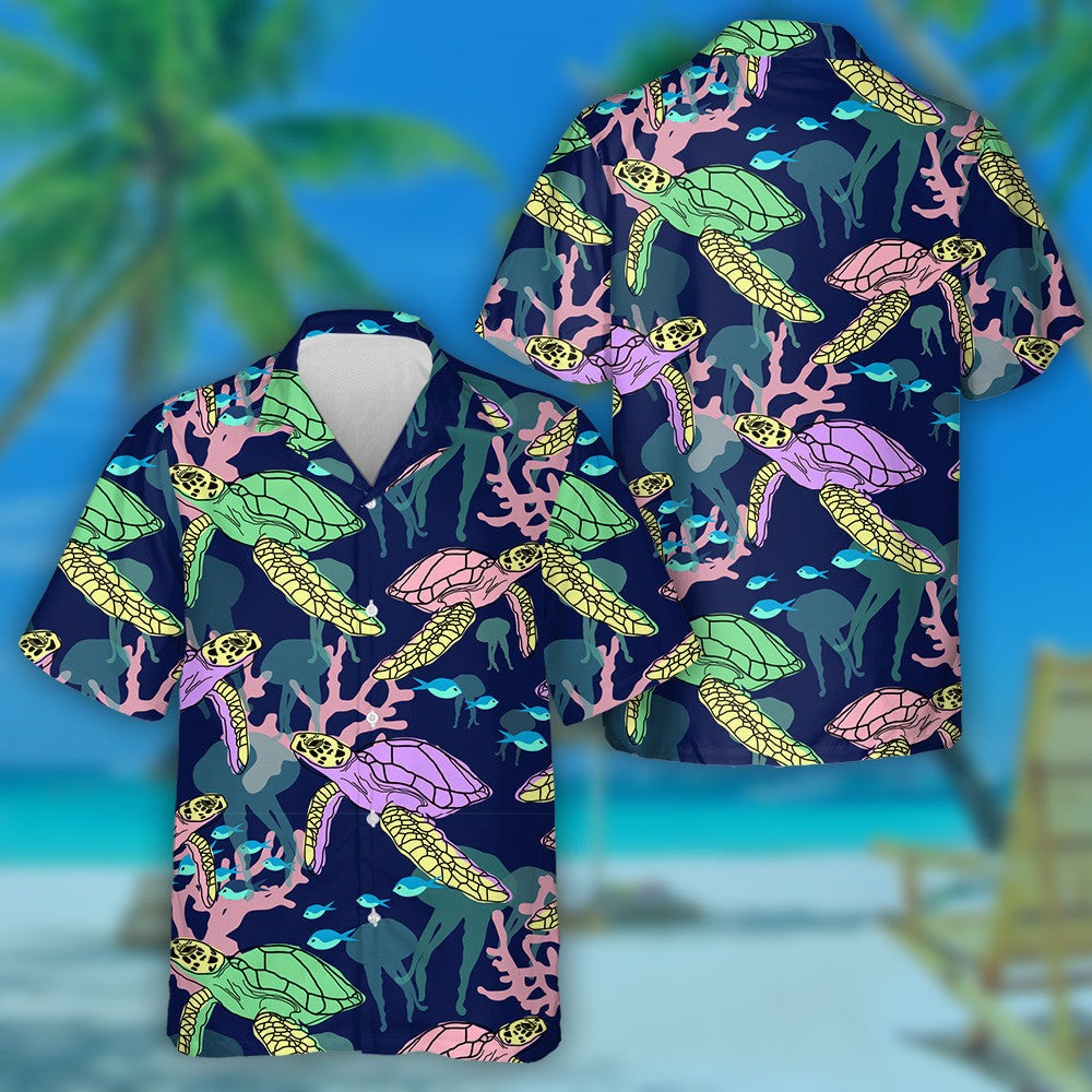 Exotic Marine Neon Turtle And Coral Illustration Hawaiian Shirt, Hawaiian Shirt Gift, Christmas Gift