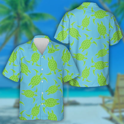 Green Turtle Icon On A Blue Background Hawaiian Shirt, Hawaiian Shirt Gift, Christmas Gift