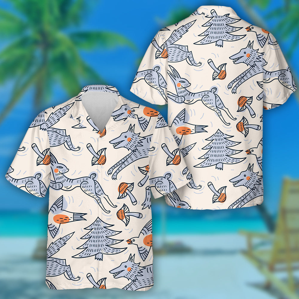 Running Wolf Cartoon Animals And Flying Birds Hawaiian Shirt, Hawaiian Shirt Gift, Christmas Gift