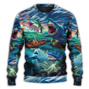 Fishing Shark Crazy Art Style Ugly Christmas Sweater, Christmas Gift, Gift Christmas 2024