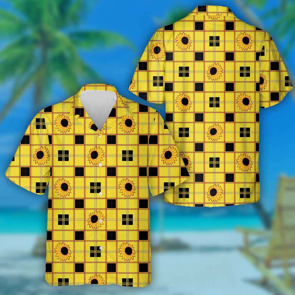 Black And Yellow Check With Sunflower Pattern Hawaiian Shirt, Hawaiian Shirt Gift, Christmas Gift