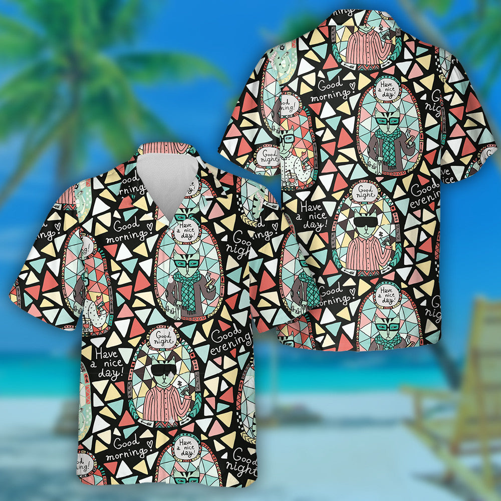 Cat gleoite i Stíl Hipster ar Léine Haváí Mósáic ildaite, Bronntanas Léine Haváís, Bronntanas Nollag