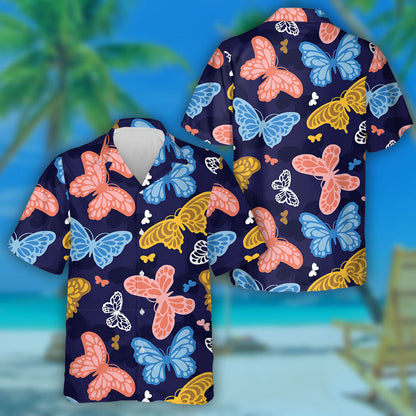 Theme Fantasy Butterflies Hand Drawn On Dark Hawaiian Shirt, Hawaiian Shirt Gift, Christmas Gift