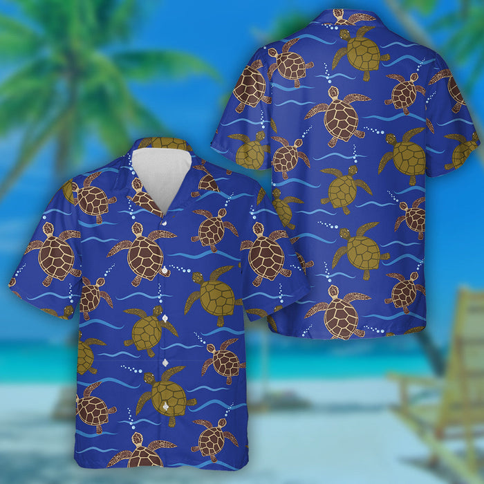 Blue With Sea Turtles In Brown Hawaiian Shirt, Hawaiian For Gift