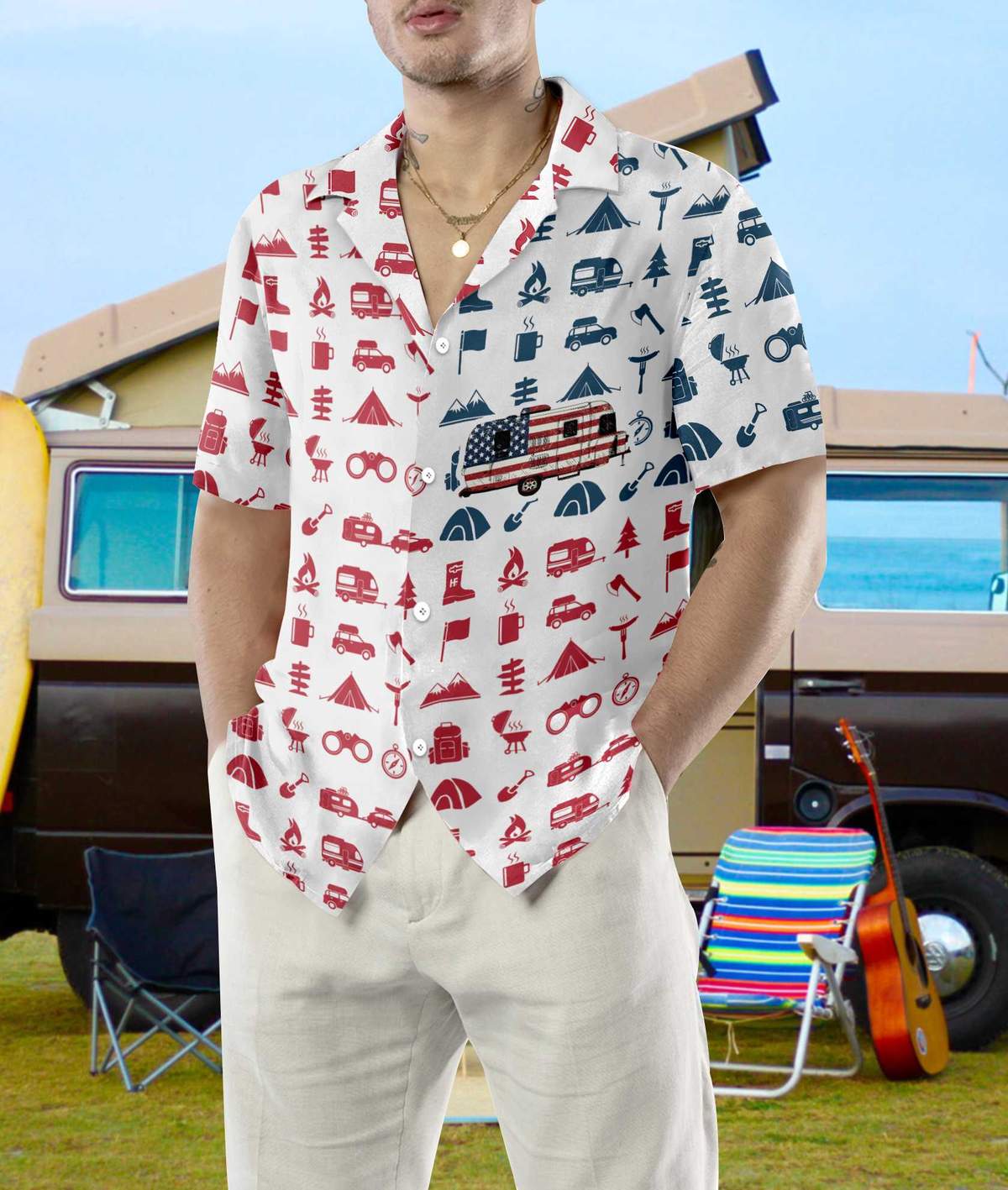 Campervan American Flag Hawaiian Shirt _ Hawaiian Shirts -Hawaiian Shirt Gift, Christmas Gift