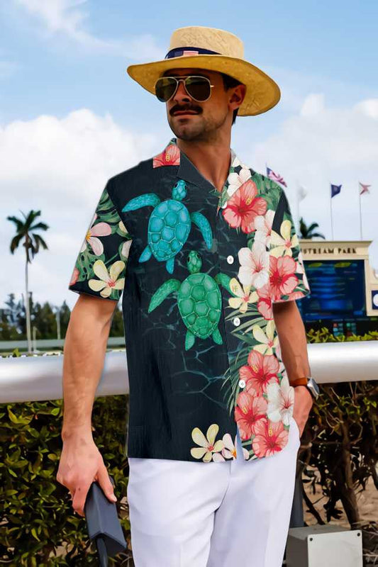 Cool Tropical Sea Turtle And Flower Hawaiian Shirt,Hawaiian Shirt Gift, Christmas Gift