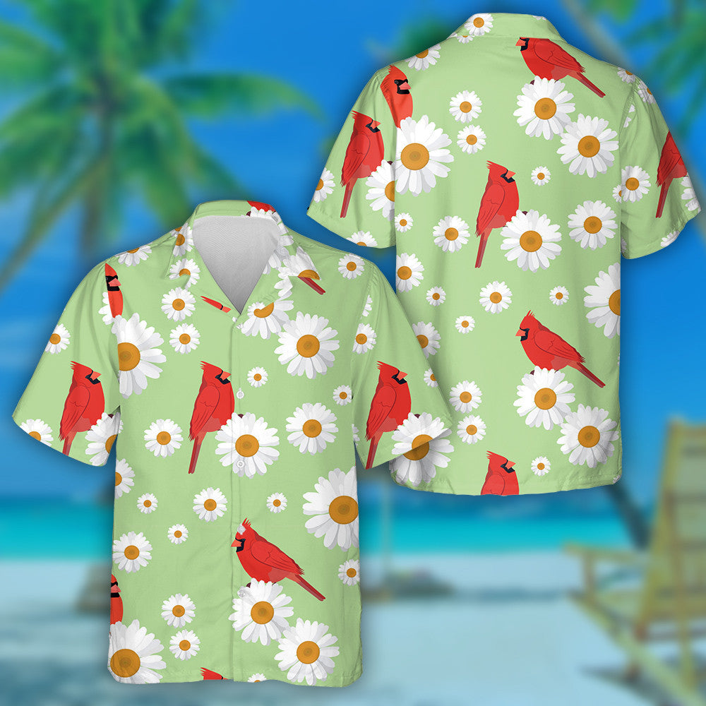 Hand Drawn Red Cardinal Bird And Daisies Hawaiian Shirt, Hawaiian Shirt Gift, Christmas Gift
