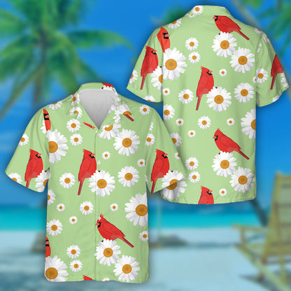 Hand Drawn Red Cardinal Bird And Daisies Hawaiian Shirt, Hawaiian Shirt Gift, Christmas Gift