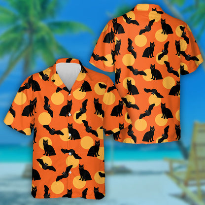 Halloween With Bats And Black Cat Hawaiian Shirt, Hawaiian For Gift