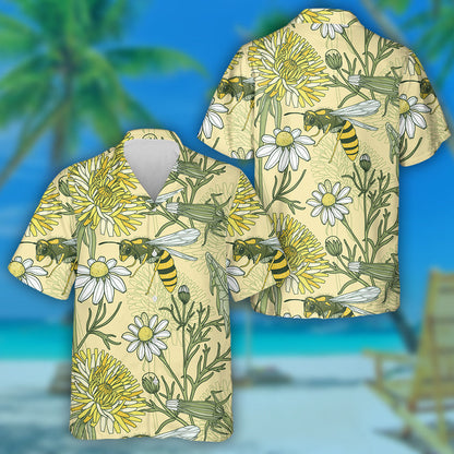 Natural Blooming Summer Flowers And Bees Hawaiian Shirt,Hawaiian Shirt Gift, Christmas Gift