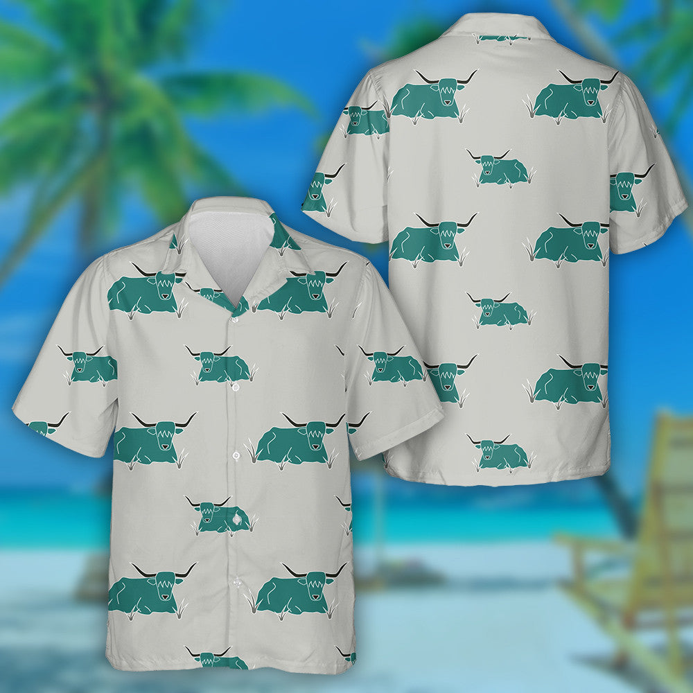 Beautiful Green Highland Cow With Horns Hawaiian Shirt, Hawaiian For Gift