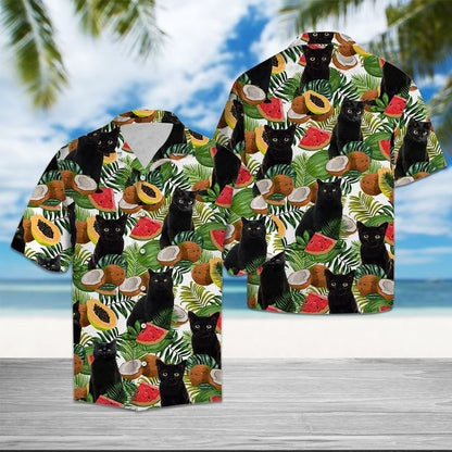 Black Cat Tropical Fruits Hawaiian Shirt,Hawaiian Shirt Gift, Christmas Gift