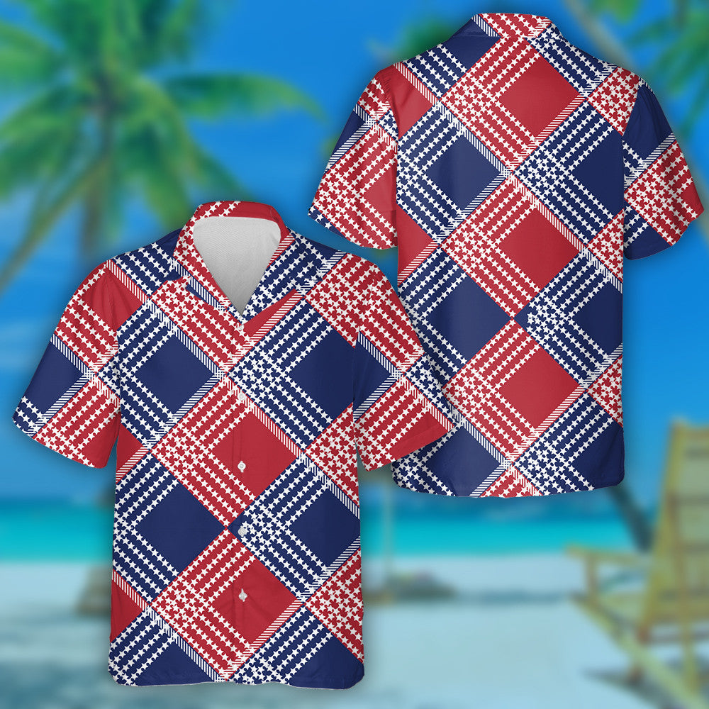 Gingham Plaid Pattern With Small Stars Striped Hawaiian Shirt, Hawaiian Shirt Gift, Christmas Gift