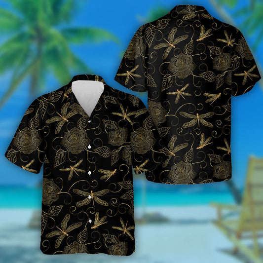 Flowers And Dragonflies Of Gold Color Hawaiian Shirt,Hawaiian Shirt Gift, Christmas Gift