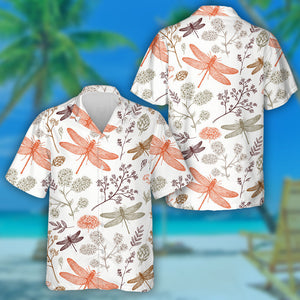 Colorful Dragonfly With Flora On White Hawaiian Shirt, Hawaiian For Gift