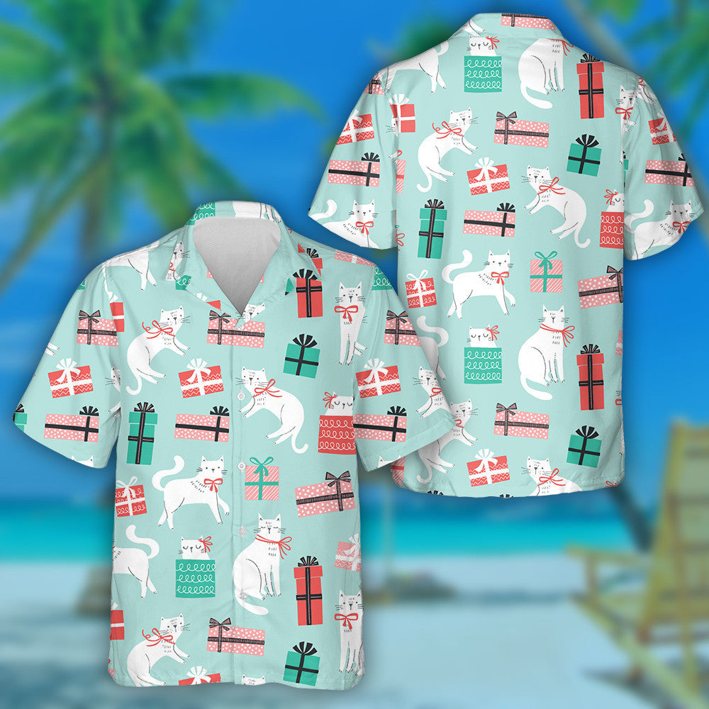 Sweet Cats With Bows And Gift Boxes Hawaiian Shirt, Hawaiian Shirt Gift, Christmas Gift