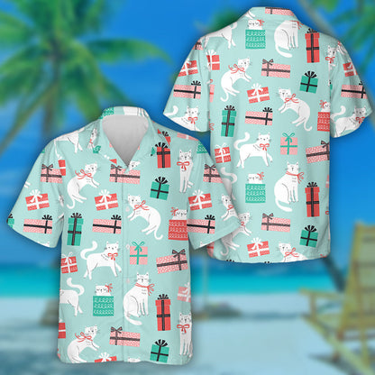 Sweet Cats With Bows And Gift Boxes Hawaiian Shirt, Hawaiian Shirt Gift, Christmas Gift