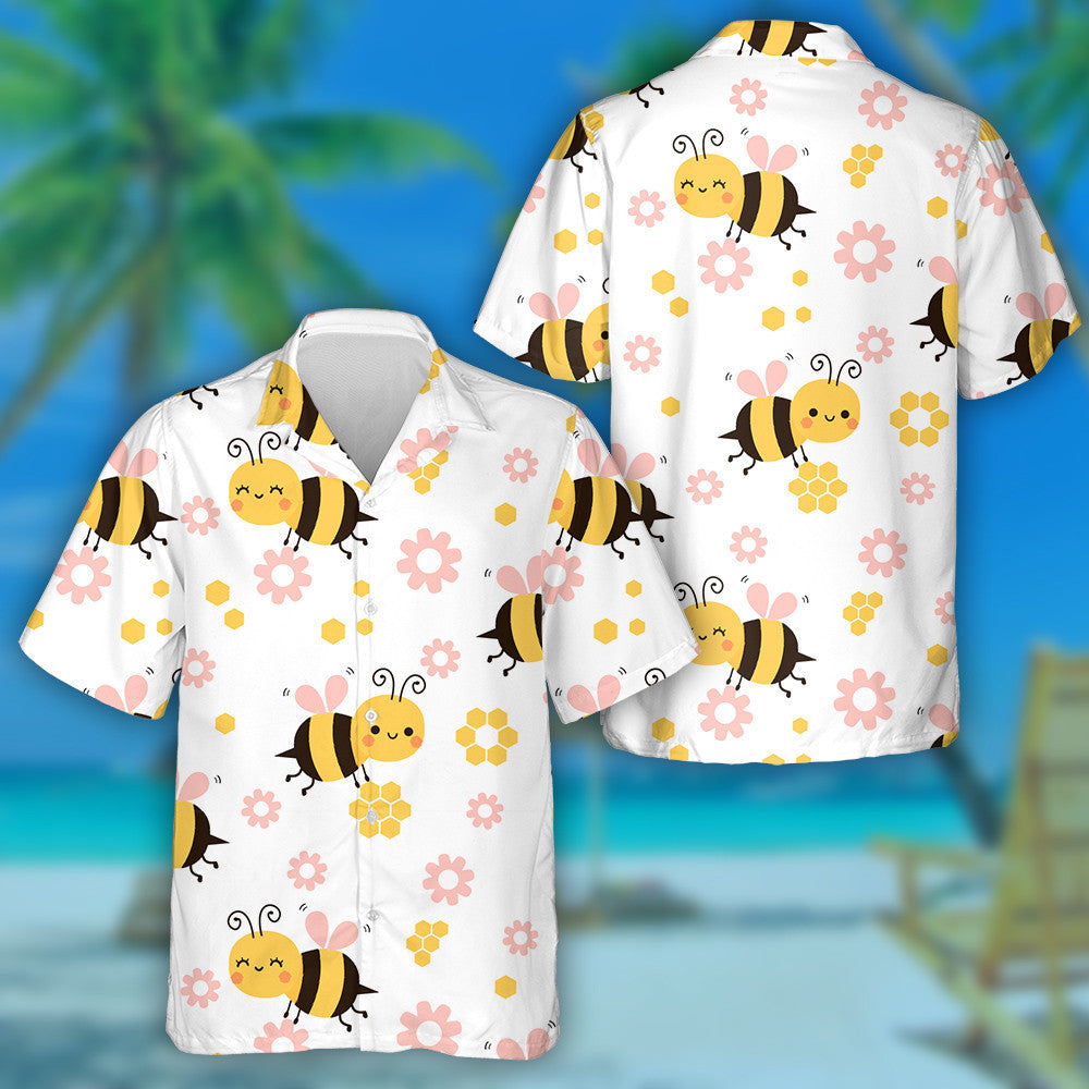 Cartún Bee Agus Bláthanna Beaga Ar Chúlra Bán Léine Haváís, Bronntanas Léine Haváíais, Bronntanas Nollag