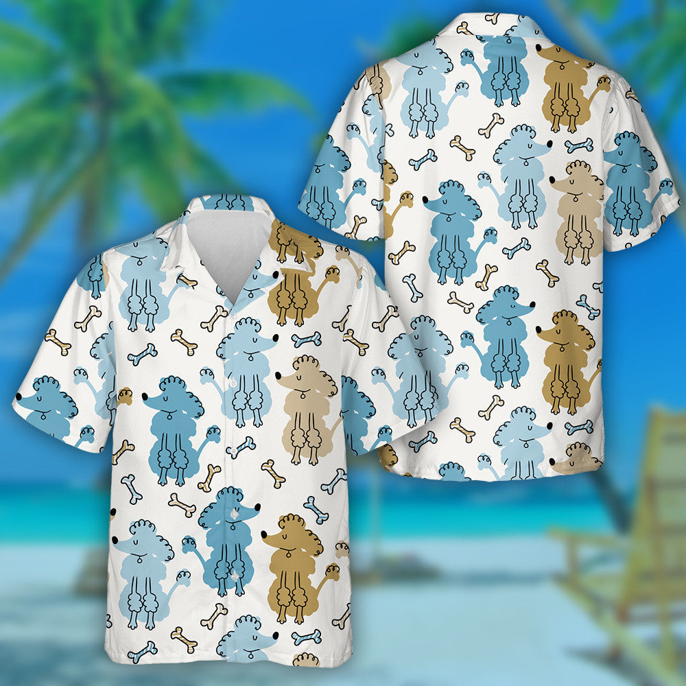 Madraí Poodle Agus Cnámh ar Chúlra Bán Léine Haváís, Bronntanas Léine Haváíais, Bronntanas Nollag