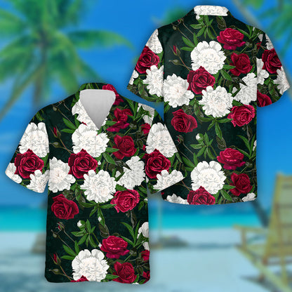 Rósanna Dearga Agus Peony Bán ar Chúlra Dorcha Léine Haváís, Bronntanas Léine Haváíais, Bronntanas Nollag