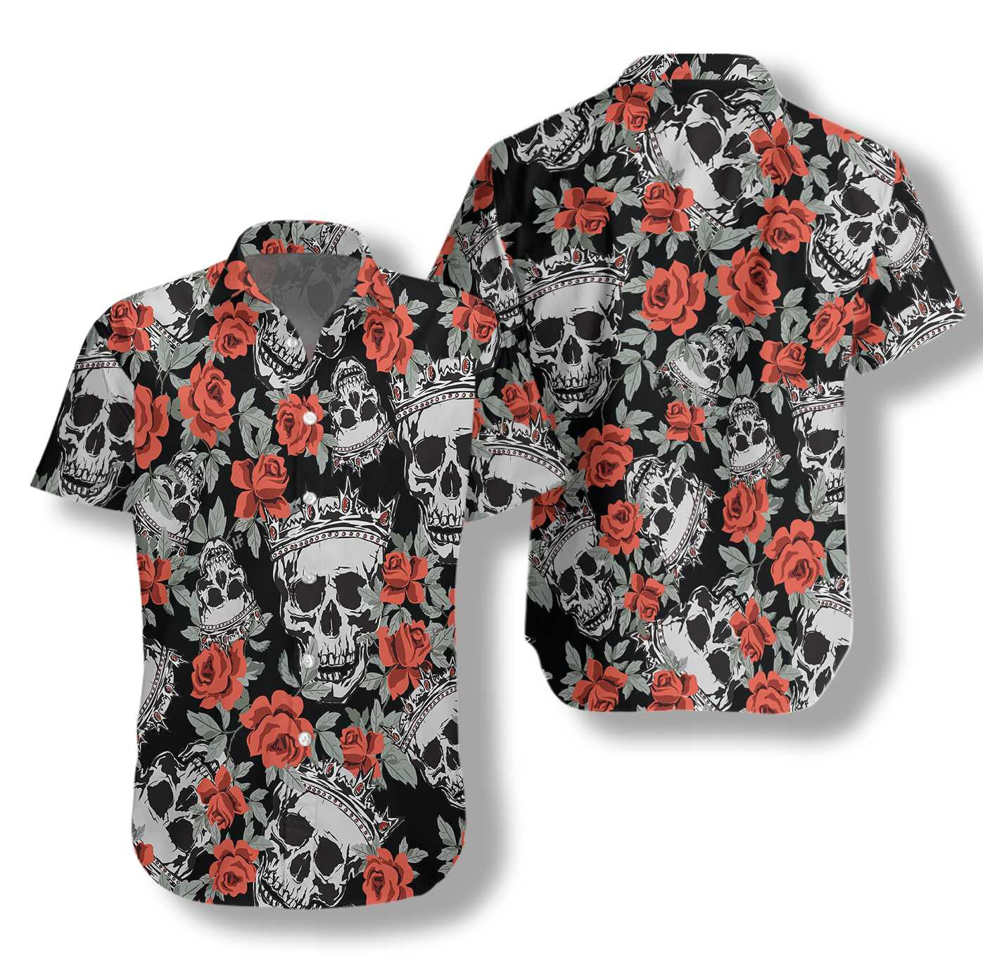 Nice Skull With Crown And Red Rose Hawaiian Shirt,Hawaiian Shirt Gift, Christmas Gift