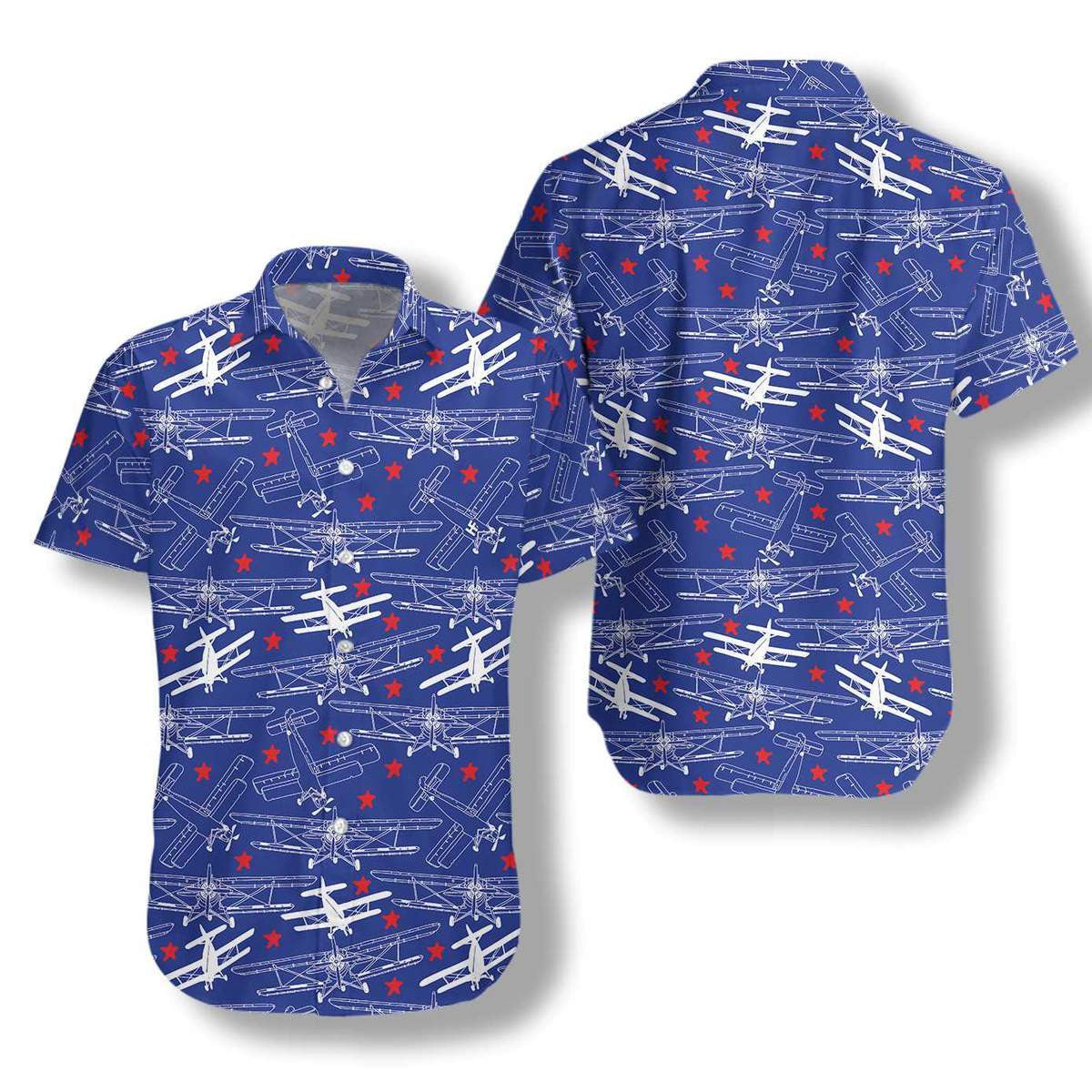 Retro Airplane With Stars Pattern Hawaiian Shirt,Hawaiian Shirt Gift, Christmas Gift