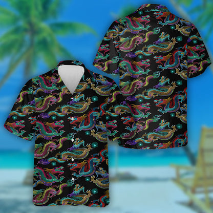 Chinese Classical Embroidery Asian Dragon On Black Hawaiian Shirt, Hawaiian Shirt Gift, Christmas Gift