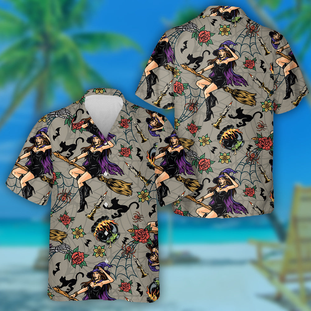 Oíche Shamhna Le Cailleach Álainn Eitilte Agus Cat Dubh Léine Haváís, Bronntanas Léine Haváíais, Bronntanas Nollag