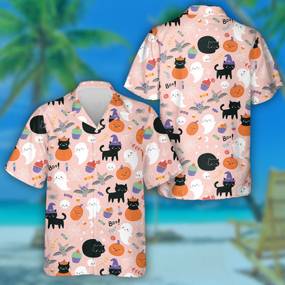 Cute Cartoon Black Cats Pumpkin And Ghosts Hawaiian Shirt, Hawaiian Shirt Gift, Christmas Gift