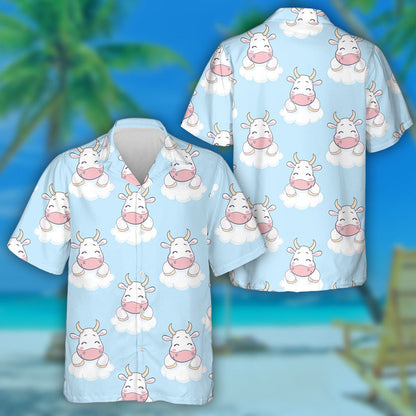 Doodle Cartoon Cows In The Cloud Hawaiian Shirt,Hawaiian Shirt Gift, Christmas Gift