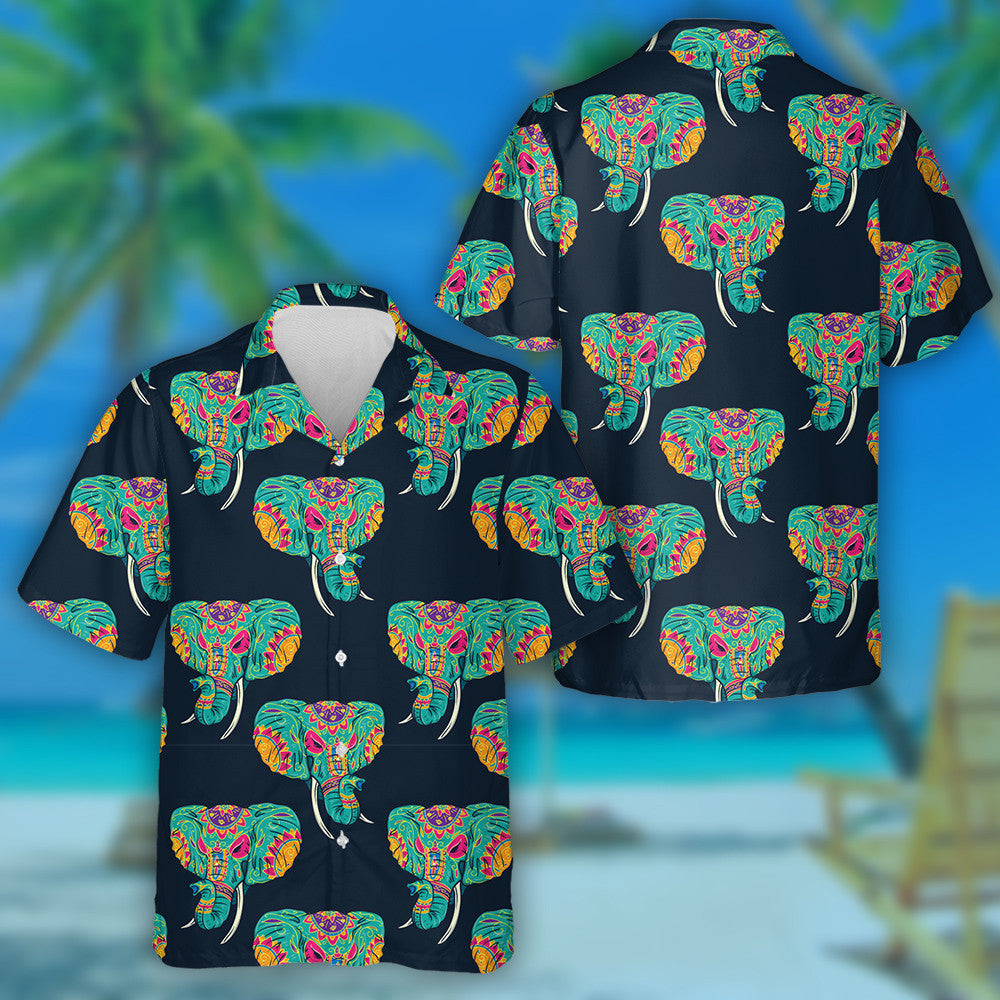 Colorful Elephant Head With Indian Ethnic Style Hawaiian Shirt, Hawaiian Shirt Gift, Christmas Gift