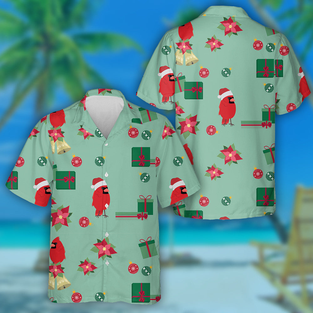 Watercolor Red Cardinal In Santa Hat Hawaiian Shirt, Hwaiian For Gift