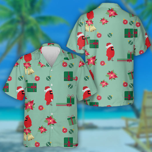 Watercolor Red Cardinal In Santa Hat Hawaiian Shirt, Hwaiian For Gift
