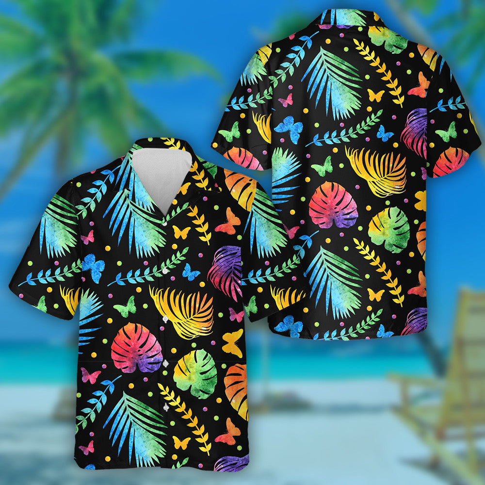 Spring Theme Jungle Monstera Leaf And Butterflies Hawaiian Shirt, Hawaiian Shirt Gift, Christmas Gift