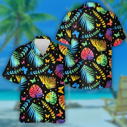 Spring Theme Jungle Monstera Leaf And Butterflies Hawaiian Shirt, Hawaiian Shirt Gift, Christmas Gift